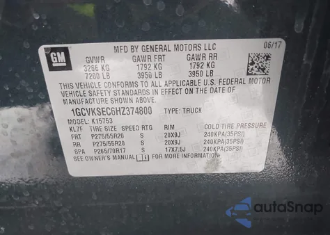 2017 Chevrolet Silverado 1500 2Lz z USA, uszkodzony, nr VIN 1GCVKSEC6HZ374800